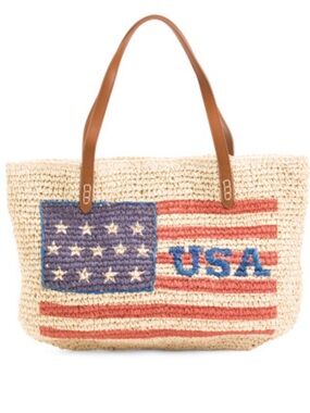 NWT Koret Woven USA Flag Tote Bag with Brown Handles